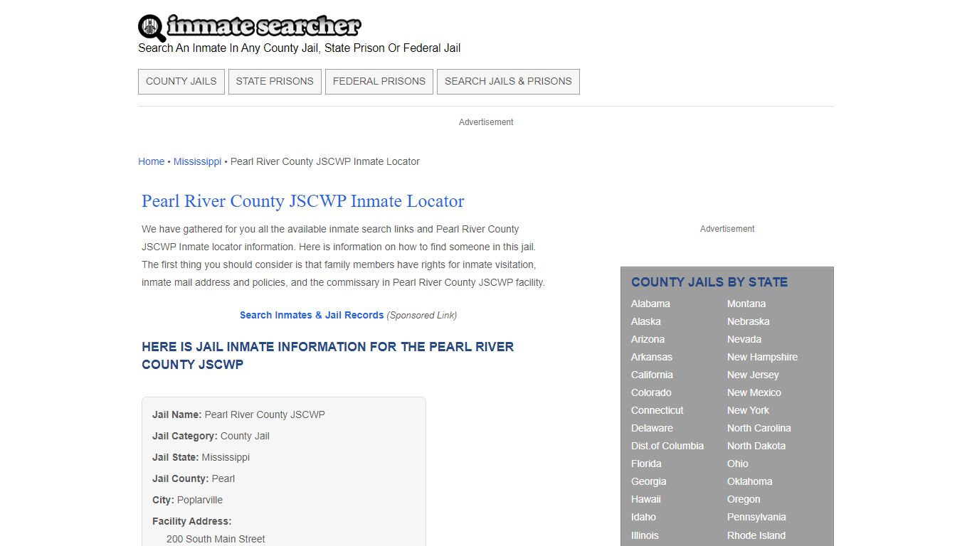 Pearl River County JSCWP Inmate Locator - Inmate Searcher